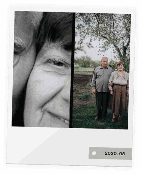 A keepsake photo of an older couple, dated 2030